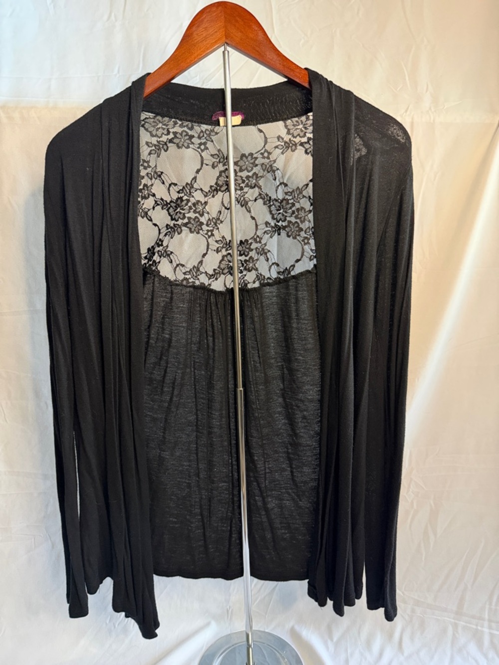 Black Open Front Cardigan with Lace Back